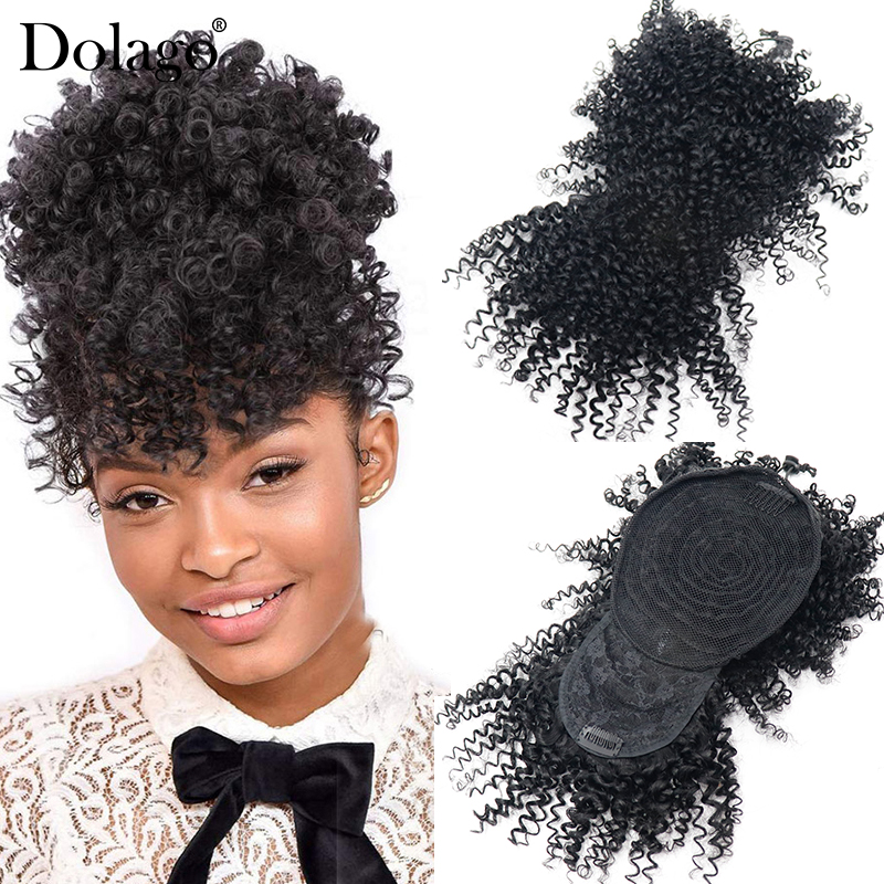 Afro Kinky Curly 포니 테일 인간의 머리카락 조각 여성을위한 자연 블랙 클립 Ponytails With Bangs Drawstring Dolago Products